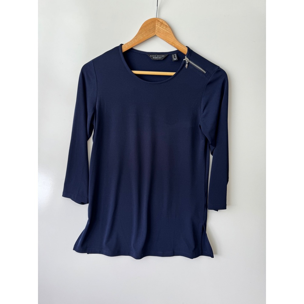 Susan Graver Everyday Top Zipper Accent 3/4 Sleeve‎ Navy Blue XXS